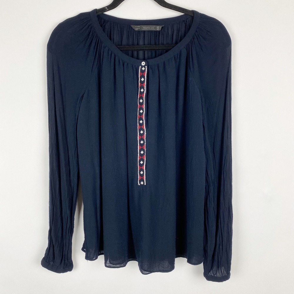 Zara Trafaluc Poet Blouse Womens S Navy Blue Embroidered Boho Peasant Top